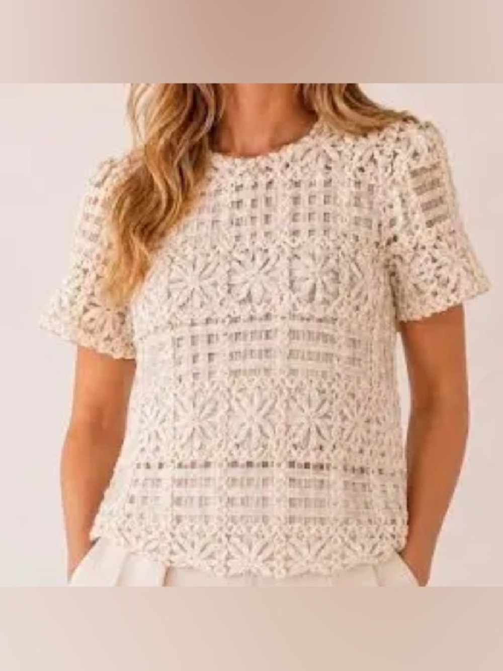 Adrianna Papell Crochet Floral Lace Short Sleeve Top Cream Size Medium